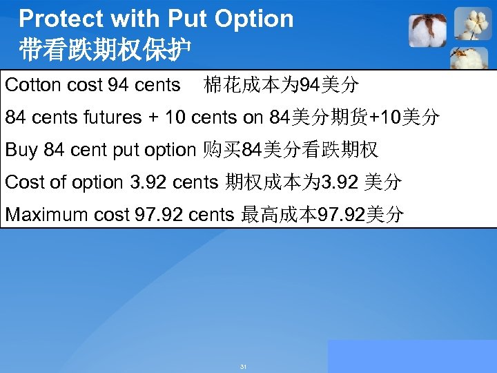 Protect with Put Option 带看跌期权保护 Cotton cost 94 cents 棉花成本为 94美分 84 cents futures