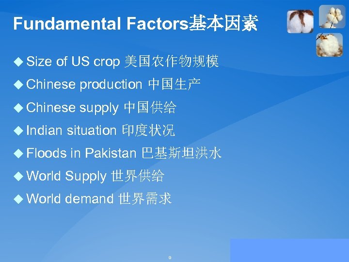 Fundamental Factors基本因素 u Size of US crop 美国农作物规模 u Chinese production 中国生产 u Chinese