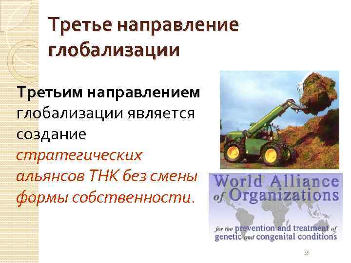 Третье направление глобализации Третьим направлением глобализации является создание стратегических альянсов ТНК без смены формы