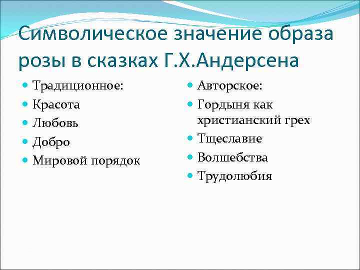 Символическое значение образа розы в сказках Г. Х. Андерсена Традиционное: Красота Любовь Добро Мировой