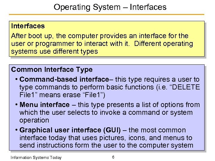 Operating System – Interfaces After boot up, the computer provides an interface for the