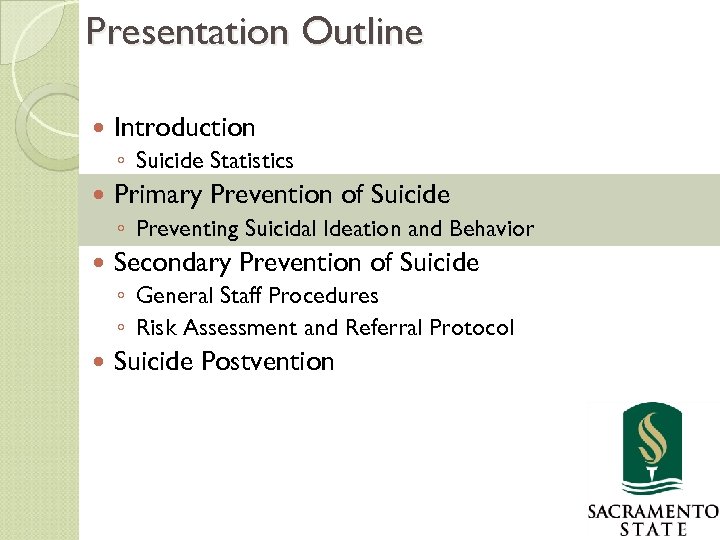 Presentation Outline Introduction ◦ Suicide Statistics Primary Prevention of Suicide ◦ Preventing Suicidal Ideation