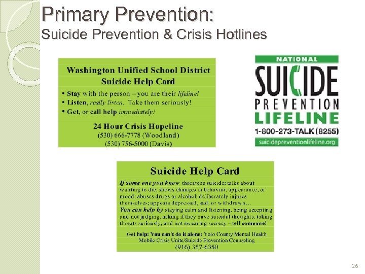 Primary Prevention: Suicide Prevention & Crisis Hotlines 26 
