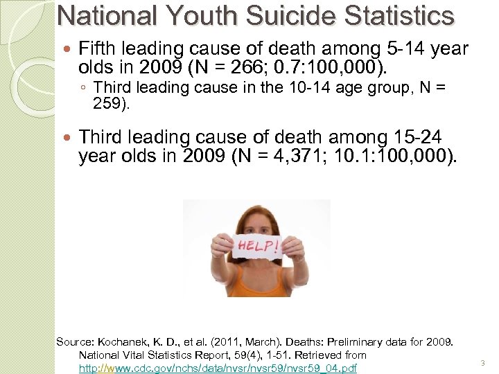 National Youth Suicide Statistics Fifth leading cause of death among 5 -14 year olds