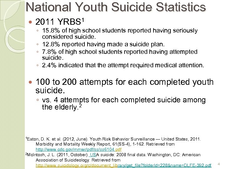 National Youth Suicide Statistics 2011 YRBS 1 ◦ 15. 8% of high school students