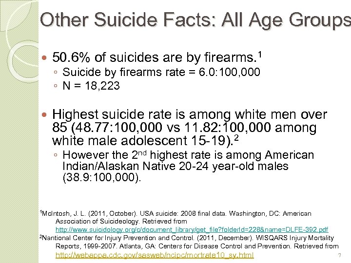 Other Suicide Facts: All Age Groups 50. 6% of suicides are by firearms. 1