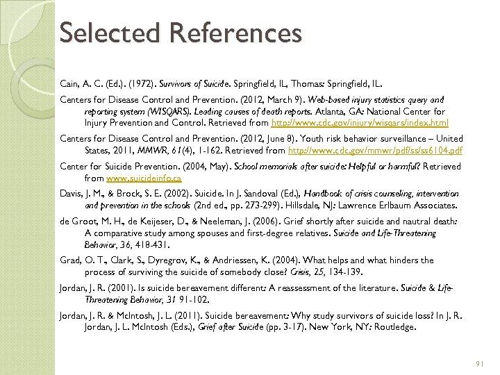 Selected References Cain, A. C. (Ed. ). (1972). Survivors of Suicide. Springfield, IL, Thomas: