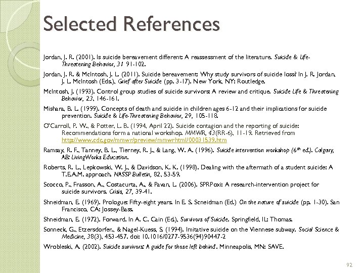 Selected References Jordan, J. R. (2001). Is suicide bereavement different: A reassessment of the