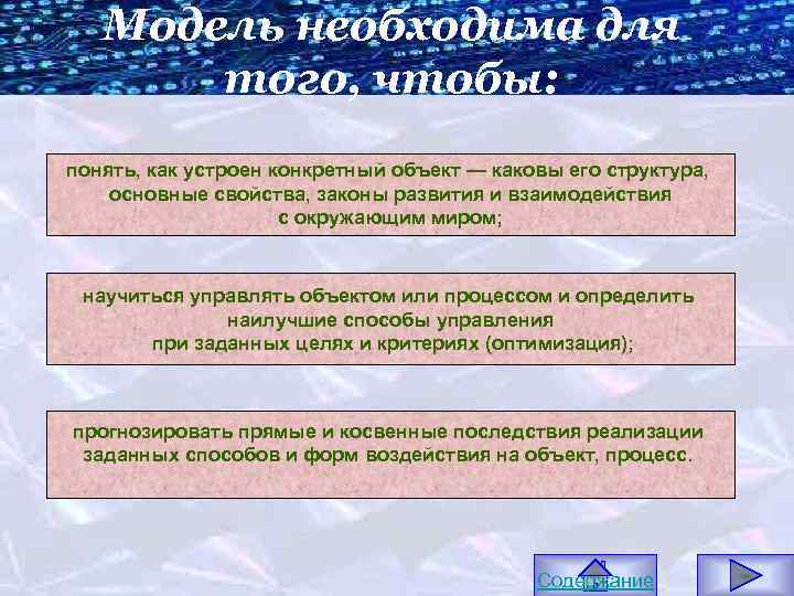Модель необходима для того, чтобы: понять, как устроен конкретный объект — каковы его структура,