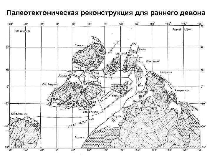 Палеотектоническая реконструкция для раннего девона 
