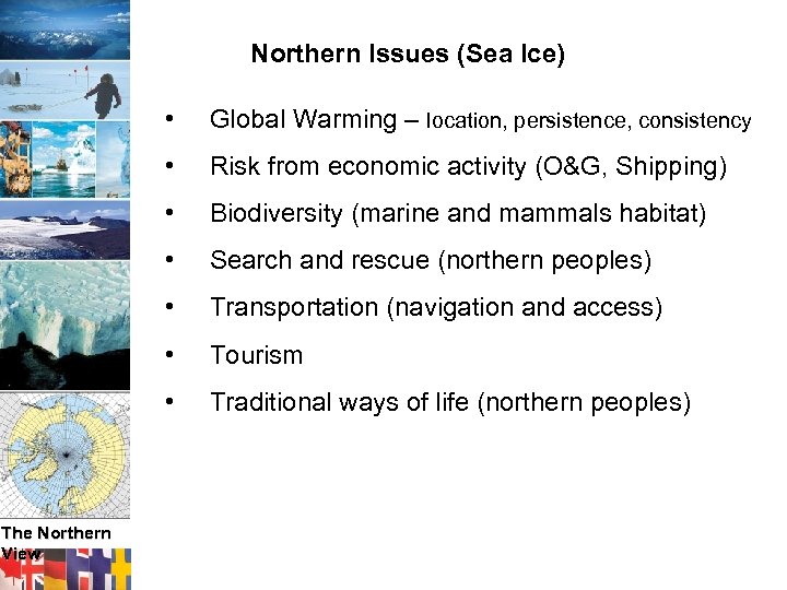 Northern Issues (Sea Ice) • • Risk from economic activity (O&G, Shipping) • Biodiversity