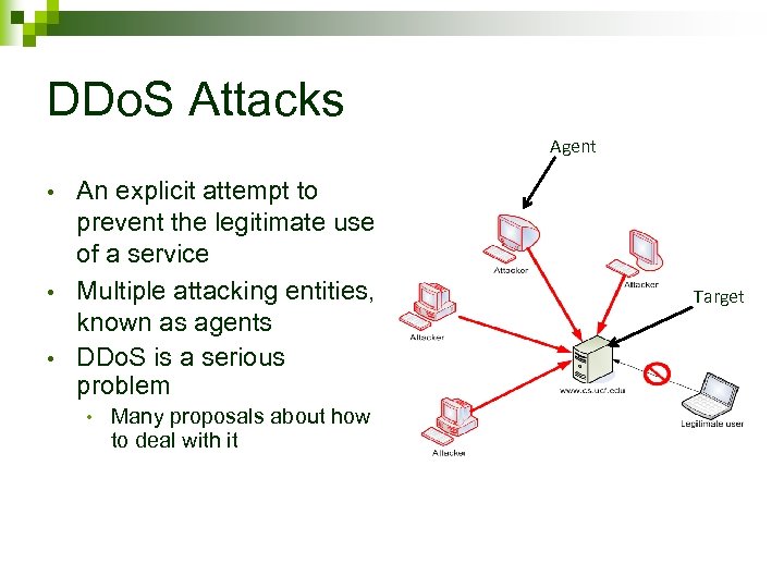 DDo. S Attacks Agent • • • An explicit attempt to prevent the legitimate