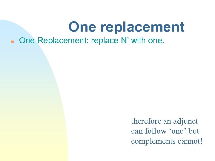 One replacement One Replacement: replace N’ with one. therefore an adjunct can follow ‘one’