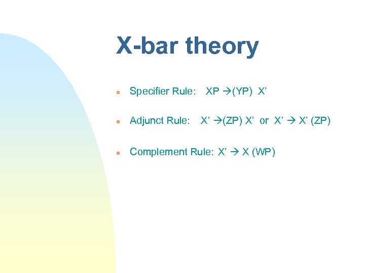 X-bar theory Specifier Rule: XP (YP) X’ Adjunct Rule: Complement Rule: X’ X (WP)