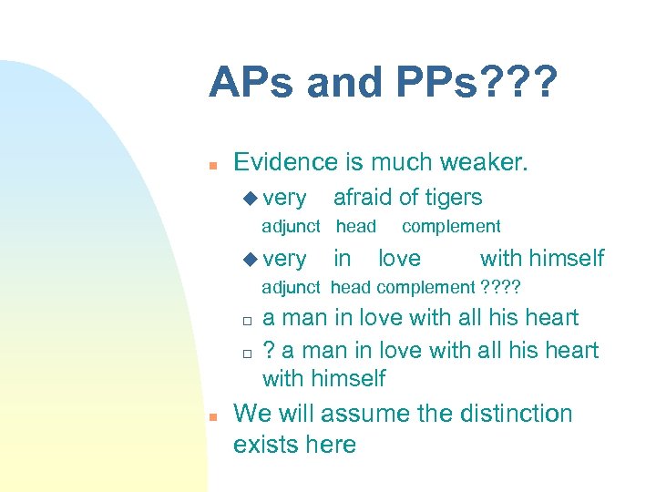 APs and PPs? ? ? Evidence is much weaker. very afraid of tigers adjunct