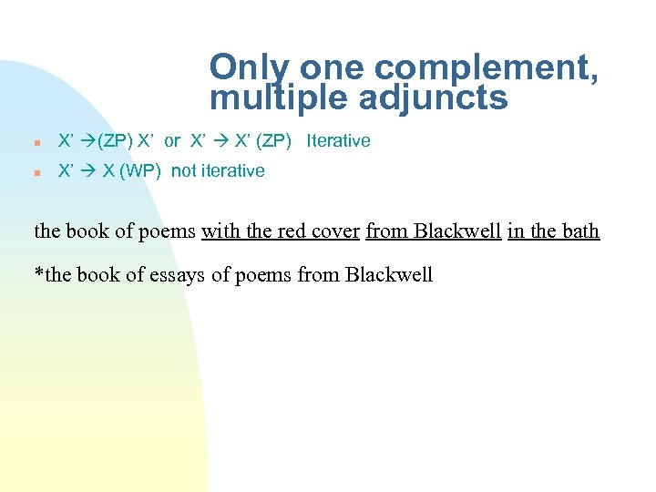 Only one complement, multiple adjuncts X’ (ZP) X’ or X’ (ZP) Iterative X’ X