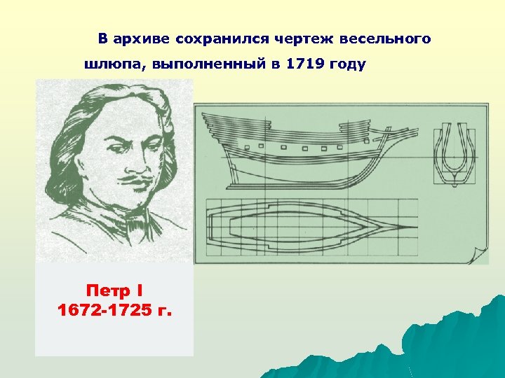 В архиве сохранился чертеж весельного шлюпа, выполненный в 1719 году Петром I. Петр I