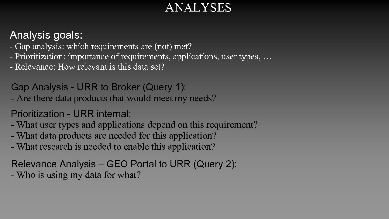 ANALYSES Analysis goals: - Gap analysis: which requirements are (not) met? - Prioritization: importance