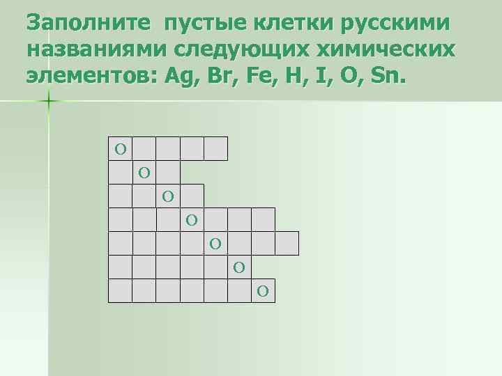 Заполните пустые клетки русскими названиями следующих химических элементов: Ag, Br, Fe, H, I, O,