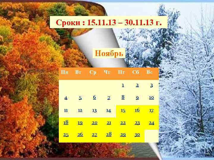 Сроки : 15. 11. 13 – 30. 11. 13 г. Ноябрь Пн Вт Ср