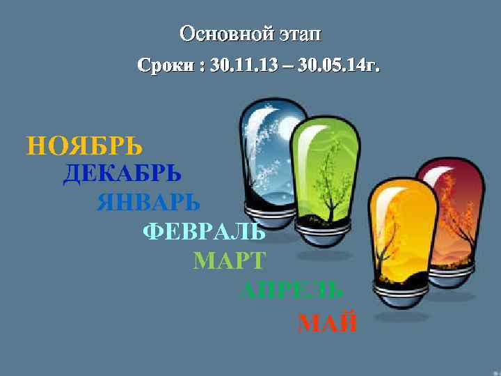Основной этап Сроки : 30. 11. 13 – 30. 05. 14 г. НОЯБРЬ ДЕКАБРЬ