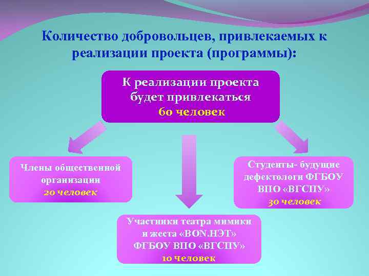Количество добровольцев, привлекаемых к реализации проекта (программы): К реализации проекта будет привлекаться 60 человек