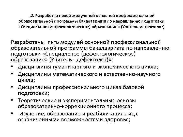 I. 2. Разработка новой модульной основной профессиональной образовательной программы бакалавриата по направлению подготовки «Специальное