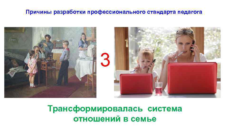 Причины разработки профессионального стандарта педагога 3 Трансформировалась система отношений в семье 