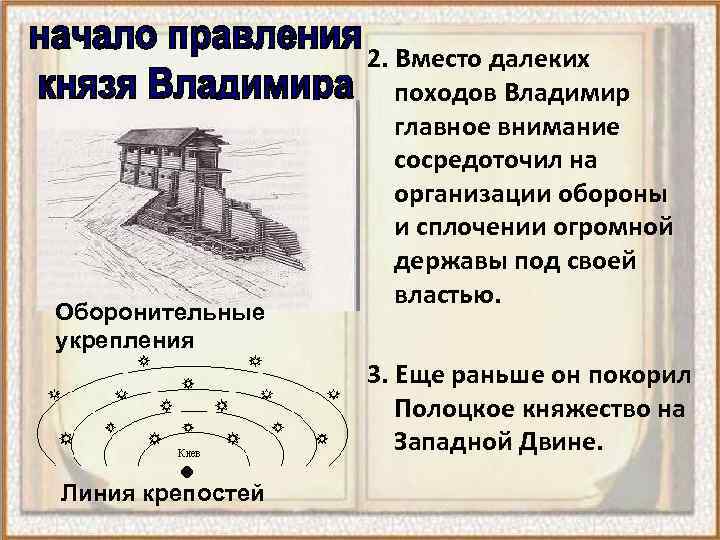 Оборонительные укрепления 2. Вместо далеких походов Владимир главное внимание сосредоточил на организации обороны и