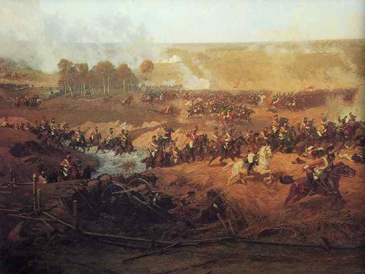 Кирасиры корпуса Латур-Мобура выбираются на берег Семеновского оврага, чтобы вступить в бой с русскими