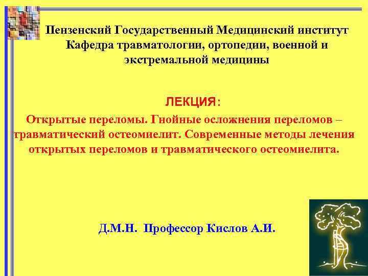 Пензенский Государственный Медицинский институт Кафедра травматологии, ортопедии, военной и экстремальной медицины ЛЕКЦИЯ: Открытые переломы.
