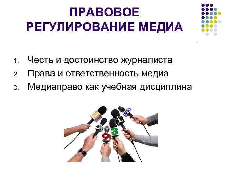 ПРАВОВОЕ РЕГУЛИРОВАНИЕ МЕДИА 1. 2. 3. Честь и достоинство журналиста Права и ответственность медиа