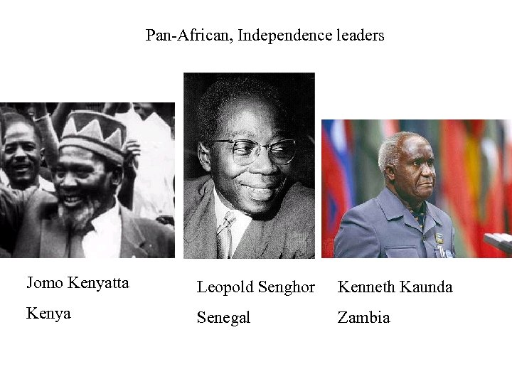 Pan-African, Independence leaders Jomo Kenyatta Leopold Senghor Kenneth Kaunda Kenya Senegal Zambia 