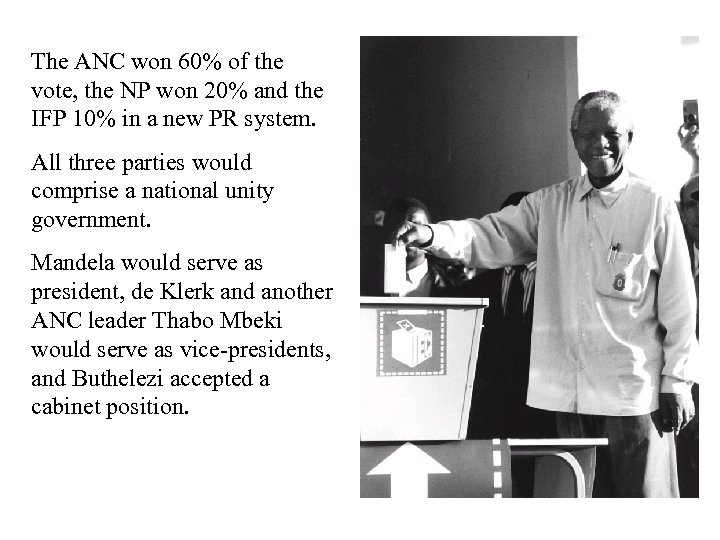 The ANC won 60% of the vote, the NP won 20% and the IFP