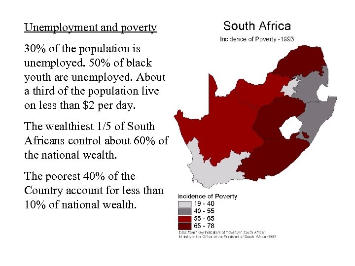 Unemployment and poverty 30% of the population is unemployed. 50% of black youth are