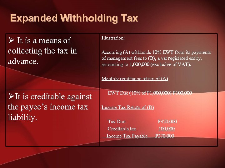 Expanded Withholding Tax Ø It is a means of collecting the tax in advance.