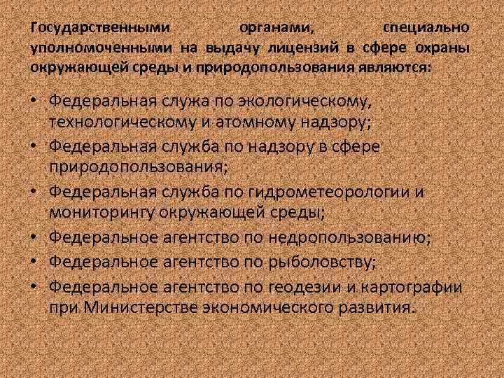 Государственными органами, специально уполномоченными на выдачу лицензий в сфере охраны окружающей среды и природопользования