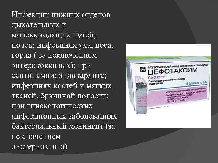 Инфекции нижних отделов дыхательных и мочевыводящих путей; почек; инфекциях уха, носа, горла ( за