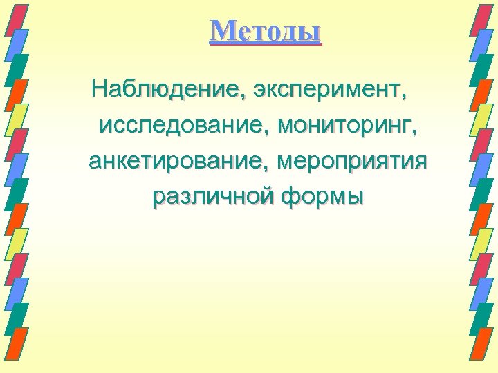 Методы Наблюдение, эксперимент, исследование, мониторинг, анкетирование, мероприятия различной формы 