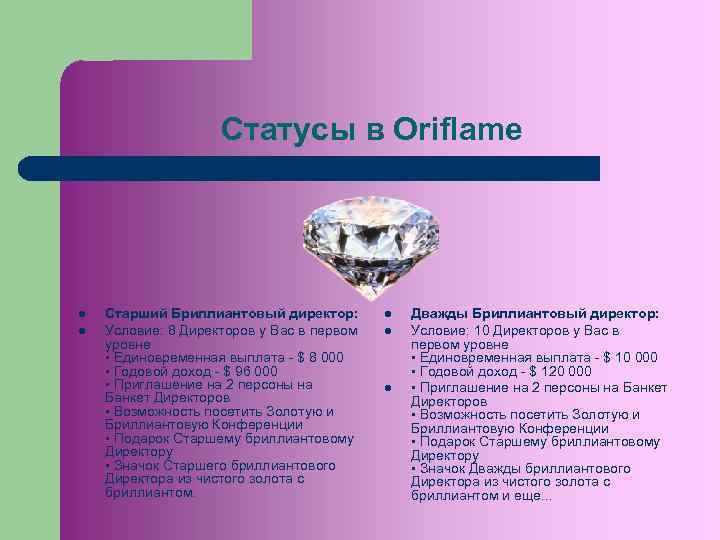 Статусы в Oriflame l l Старший Бриллиантовый директор: Условие: 8 Директоров у Вас в