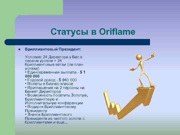 Статусы в Oriflame l Бриллиантовый Президент: Условие: 24 Директора у Вас в первом уровне