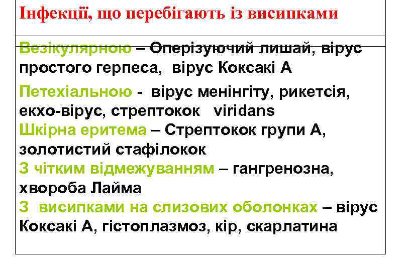 Інфекції, що перебігають із висипками Везікулярною – Оперізуючий лишай, вірус простого герпеса, вірус Коксакі
