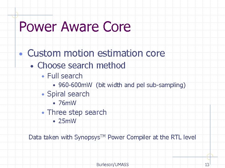 Power Aware Core • Custom motion estimation core • Choose search method • Full