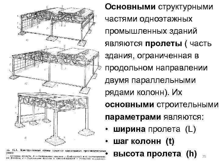 Основными структурными частями одноэтажных промышленных зданий являются пролеты ( часть здания, ограниченная в продольном