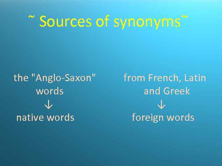  Sources of synonyms the "Anglo-Saxon" from French, Latin words and Greek ↓ ↓