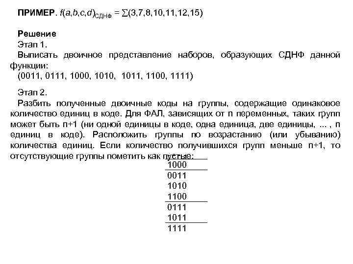 ПРИМЕР. f(a, b, c, d)СДНФ = (3, 7, 8, 10, 11, 12, 15) Решение