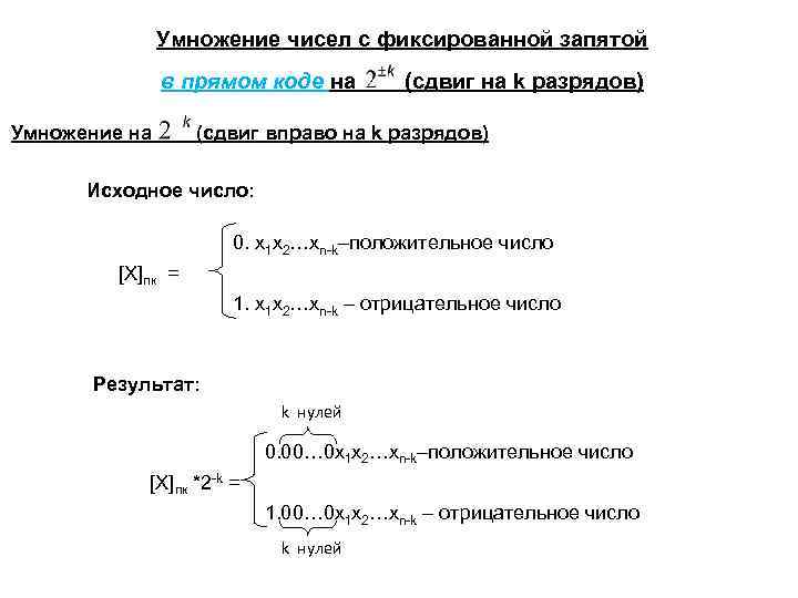 Умножение чисел с фиксированной запятой в прямом коде на Умножение на (сдвиг на k