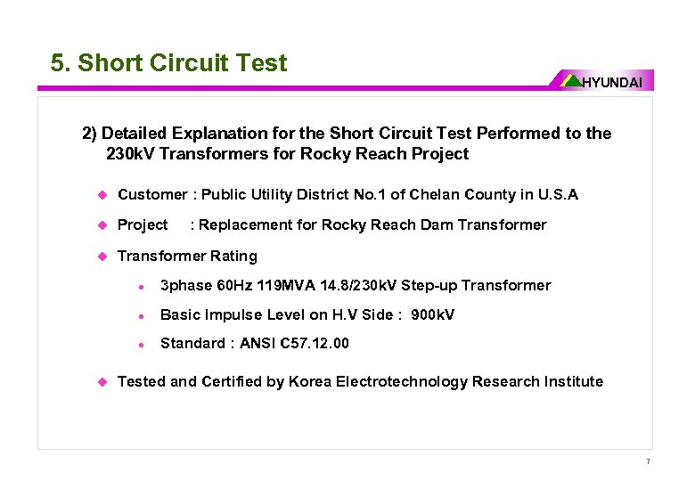 5. Short Circuit Test HYUNDAI 2) Detailed Explanation for the Short Circuit Test Performed