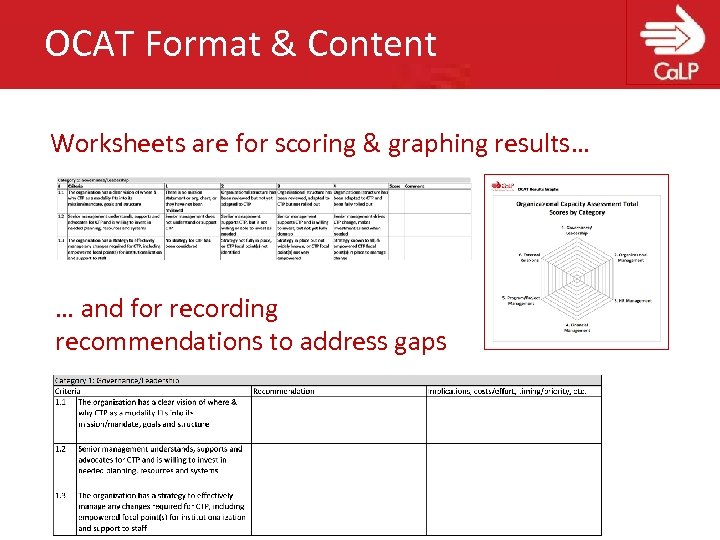 OCAT Format & Content Worksheets are for scoring & graphing results… … and for