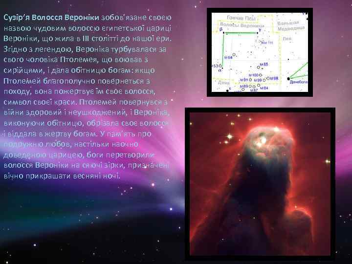 Сузір’я Волосся Вероніки зобов’язане своєю назвою чудовим волоссю єгипетської цариці Вероніки, що жила в